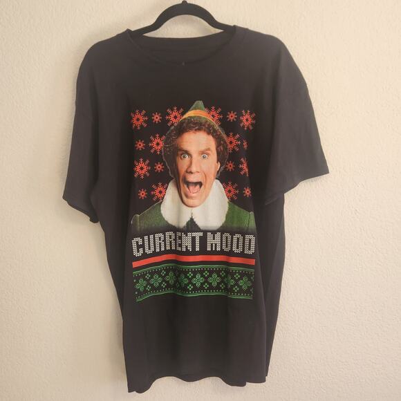 Elf Men's Size‎ Large Christmas Current Mood Black T-shirt Movie X-mas New - Picture 1 of 4